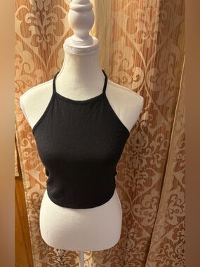 Black Cropped Halter Neck Tank Top